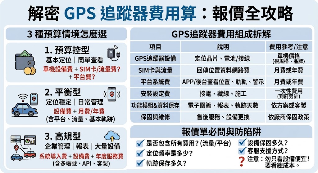 想了解 GPS追蹤器 費用怎麼算？本篇整理 GPS追蹤器 報價單常見項目、影響價格因素、月費與平台費差異，並提供不同預算情境與詢價前必問問題，幫助第一次購買者看懂方案內容，避免只看低價卻忽略安裝、流量、保固與售後服務。