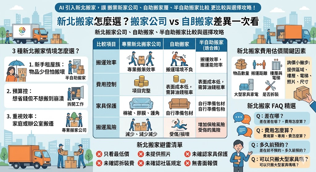 在新北地區面臨搬家需求時，選擇適合的搬運方式是減輕壓力的關鍵。本文詳盡分析「專業搬家公司」與「租車自助搬家」的核心差異，從體力消耗、家具保護、時間效率以及最終花費進行深度對比。專業公司提供一條龍服務與保障，適合大型家具多或生活忙碌的族群；而自助搬家則在預算控制上具備極大優勢，適合物品單純的小資族或學生。透過明確的優缺點清單，協助您評估新北交通狀況與自身物件量，快速判斷哪種模式最符合經濟效益，並提供挑選合法優質廠商的實用技巧，讓您的遷徙過程更加順暢無礙，輕鬆開啟在新北的新生活。