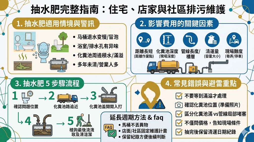 抽水肥是維持化糞池、污水槽與排污系統正常運作的重要服務,能改善馬桶退水慢、排水孔異味、污水滿溢與管線不順等問題。本文整理抽水肥適用情境、作業流程、費用影響因素、常見錯誤與日常保養方式,幫助住家、店面、社區與廠辦管理者快速判斷是否需要安排抽水肥,並降低突發堵塞與環境衛生問題。