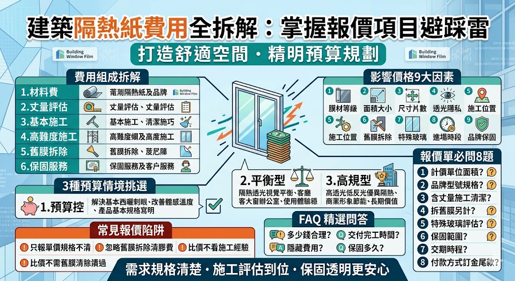 建築隔熱紙費用怎麼算？本篇整理建築隔熱紙報價單常見項目、價差原因、預算方案與避雷重點，幫助你快速看懂建築隔熱紙價格差異，詢價前先掌握重點更安心。