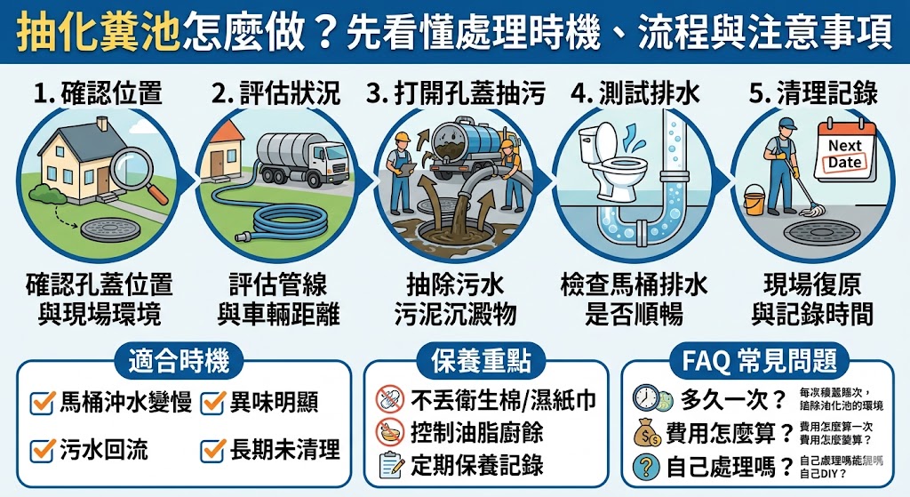 抽化糞池是維持居家排水順暢與環境衛生的重要作業，當馬桶沖水變慢、排水孔異味明顯、污水回流或多年未清理時，就應評估是否需要抽化糞池。本文整理抽化糞池流程、費用影響因素、清理時機與常見注意事項，幫助住戶提前預防堵塞與臭味問題。