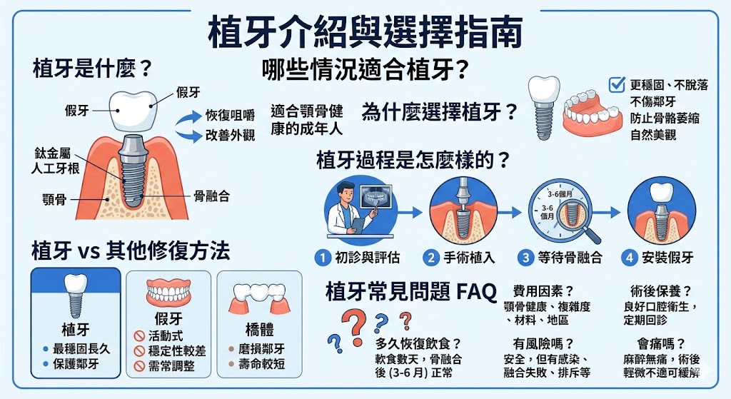 植牙是一種現代牙科治療方法，通過將人工牙根植入顎骨來替代缺失牙齒，提供穩定且長久的解決方案。與傳統的假牙或橋體相比，植牙能提供更好的舒適度與穩定性，並有助於防止顎骨萎縮。選擇植牙時，需要考慮多方面因素，包括治療費用、手術風險及術後維護等。這篇文章將幫助你了解植牙的過程、費用及其他替代方案，助你做出最佳選擇。