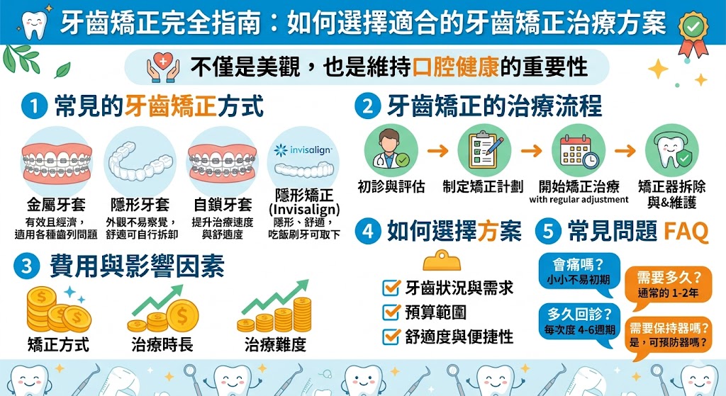 牙齒矯正不僅能改善牙齒的美觀，還有助於口腔健康。本文詳細介紹了常見的牙齒矯正方式，如金屬牙套、隱形矯正和自鎖牙套等，並分析了不同治療方案的優缺點。此外，還將討論牙齒矯正的費用、治療流程及如何選擇適合的矯正方案。了解牙齒矯正的必要性與適合的治療方法，幫助您做出更明智的選擇，實現理想的口腔健康與美麗笑容。