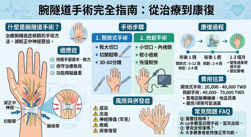 腕隧道手術是治療腕隧道症候群的一種有效方法，當保守治療無效時，手術是解決此病症的最佳選擇。這篇文章深入探討了腕隧道手術的適應症、手術步驟、風險與併發症以及術後的康復過程。此外，我們還會介紹腕隧道手術的費用及常見問題，幫助讀者更好地了解這項手術，並為決定是否接受手術提供重要參考。