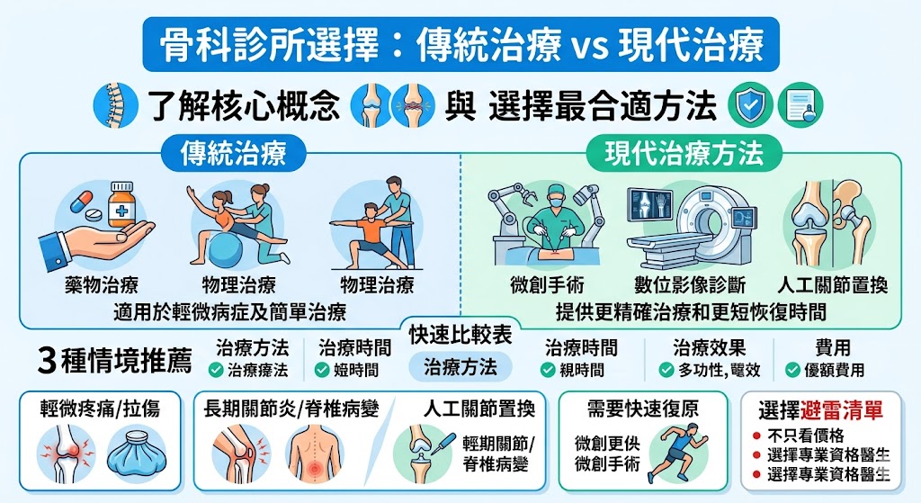 這篇文章探討了兩種常見的骨科治療方法：傳統治療與現代治療方法。傳統的骨科治療方法，包括藥物和物理治療，適用於輕微的骨骼問題；而現代骨科治療，如微創手術與數位影像診斷，則能提供更精確的治療和更短的恢復時間。根據病情的不同，患者可選擇最適合的治療方式。無論是尋求快速復原的患者，還是長期骨科問題的患者，都能找到合適的解決方案。