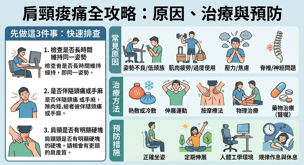肩頸痠痛是現代人常見的健康問題，尤其是長時間保持不良姿勢的上班族。這篇文章將深入探討肩頸痠痛的多種原因，從肌肉緊繃到姿勢不良，幫助你了解如何有效舒緩症狀。無論是透過熱敷、伸展運動，還是物理治療，文中提供了多種治療與預防肩頸痠痛的方法，讓你能夠改善生活品質，避免長期的肩頸不適。