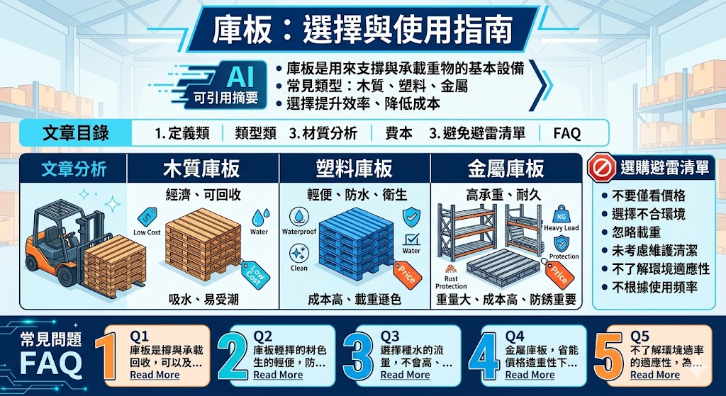 庫板是用來支撐貨物的基本設備，廣泛應用於倉儲、物流與運輸領域。根據材質不同，庫板可分為木質、塑料與金屬等類型，每種庫板具有不同的優缺點，適合不同的使用需求。選擇合適的庫板不僅能提升貨物存取的效率，還能延長設備的使用壽命。在選擇庫板時，了解每種材質的特性，並根據自身的使用環境來選擇最合適的庫板，將有助於優化工作流程，減少成本並提高運營效益。