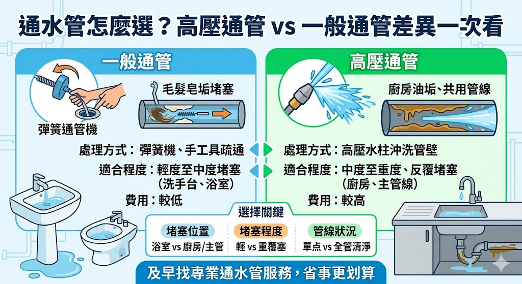 想找通水管服務卻不知道該選一般通管還是高壓通管？本文整理通水管常見堵塞原因、費用影響因素、適合情境與避雷重點，幫助你判斷水管排水不順、廚房水槽堵塞、浴室排水孔異味等問題該如何處理，選擇更適合的通水管方式。